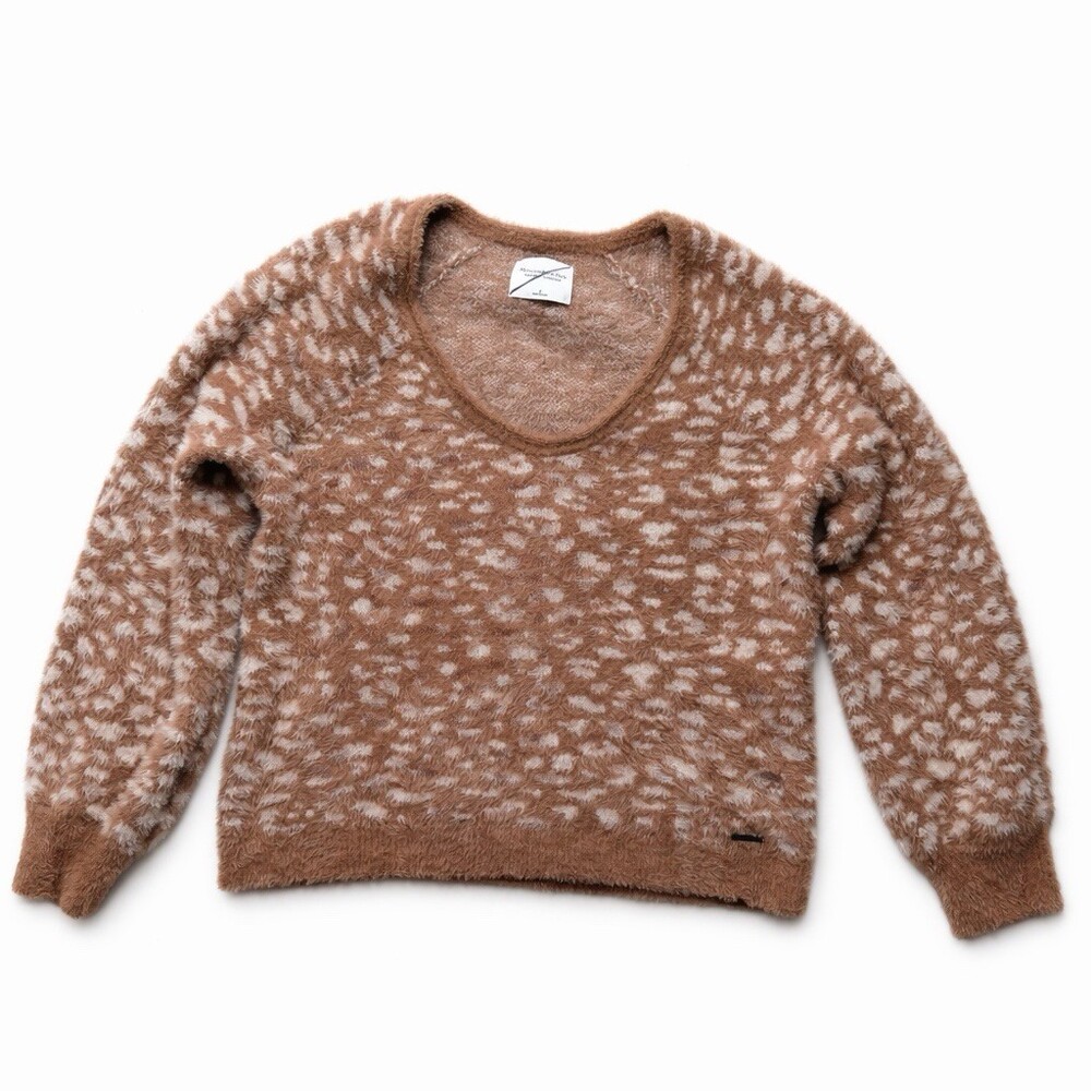 Abercrombie &‎ Fitch Fawn Print Fuzzy Sweater Women Cozy Soft Knit Brown Cream L